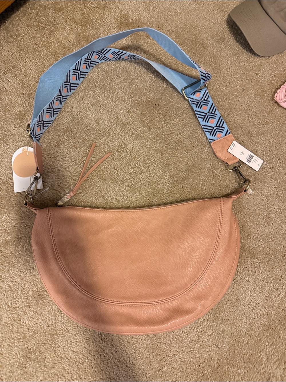 Urban Originals Blush Crescent Shoulder Bag with Patterned Light Blue Strap